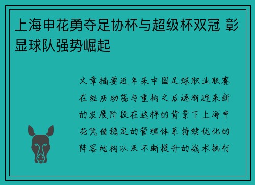 上海申花勇夺足协杯与超级杯双冠 彰显球队强势崛起 上海申花勇夺足协杯与超级杯双冠 彰显球队强势崛起