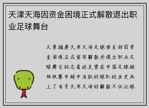 天津天海因资金困境正式解散退出职业足球舞台 天津天海因资金困境正式解散退出职业足球舞台