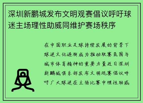 深圳新鹏城发布文明观赛倡议呼吁球迷主场理性助威同维护赛场秩序