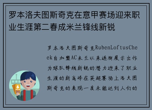 罗本洛夫图斯奇克在意甲赛场迎来职业生涯第二春成米兰锋线新锐 罗本洛夫图斯奇克在意甲赛场迎来职业生涯第二春成米兰锋线新锐